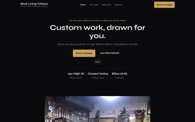Homepage of the Silver Lining Tattoos site