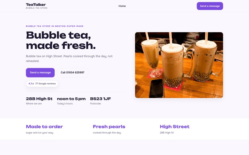 Homepage of the TeaTalker bubble tea site