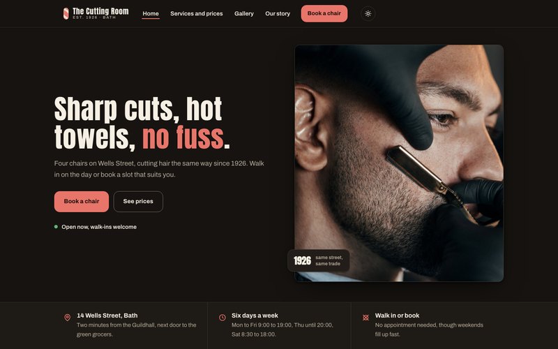 Homepage of The Cutting Room barbershop site
